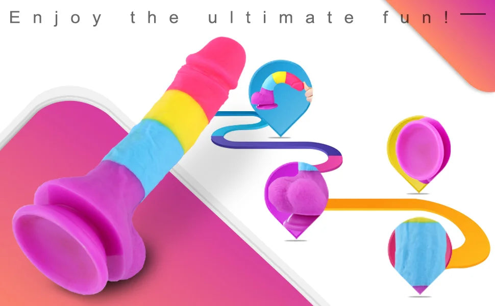 Dildo de Azúcar Arcoíris Fantasía 22 cm - Colorido, Realista y Potente Juguete de Silicona